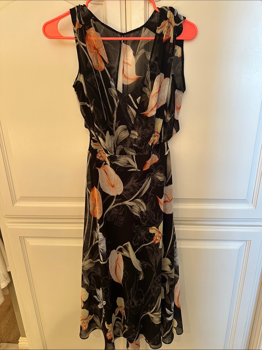 White House Black Market Black Floral Maxi Dress with Peach Accents